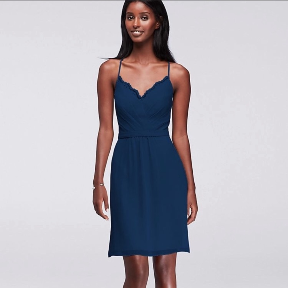 David’s bridal marine blue lace mini dress